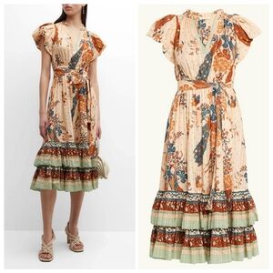 Ulla JohnsonRemi Tie-Belt Printed Midi Poplin Dress 6 Cottagecore Bohemian